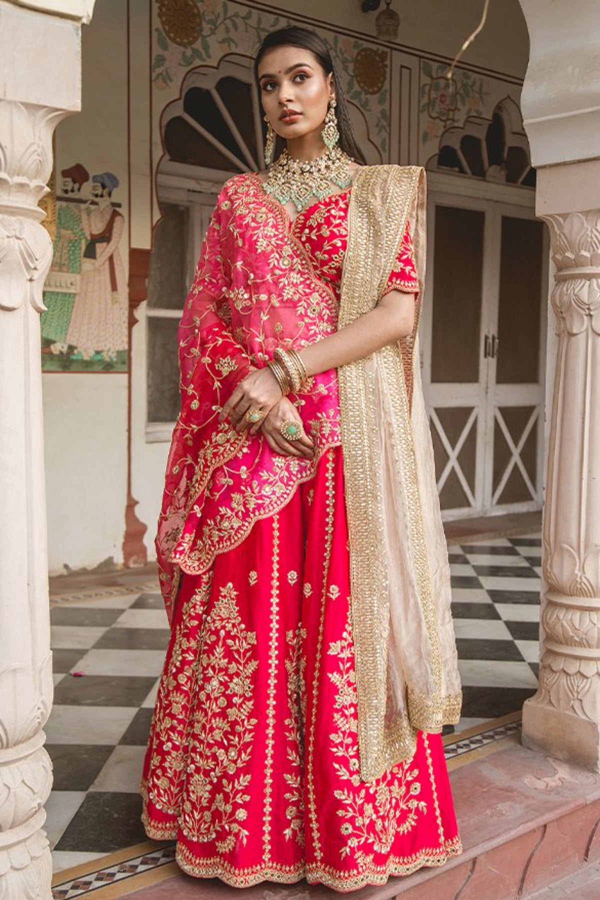 Red Marori Work Lehenga Set