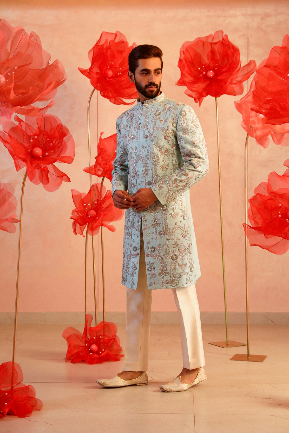 Mesmerising ice blue embroided sherwani