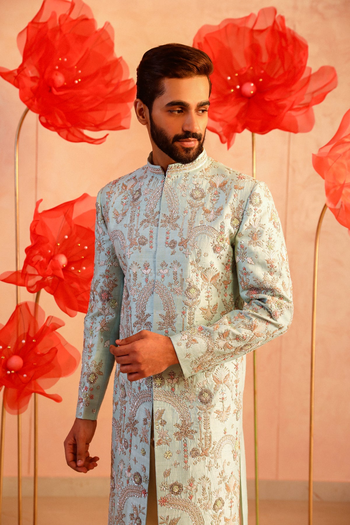 Mesmerising ice blue embroided sherwani