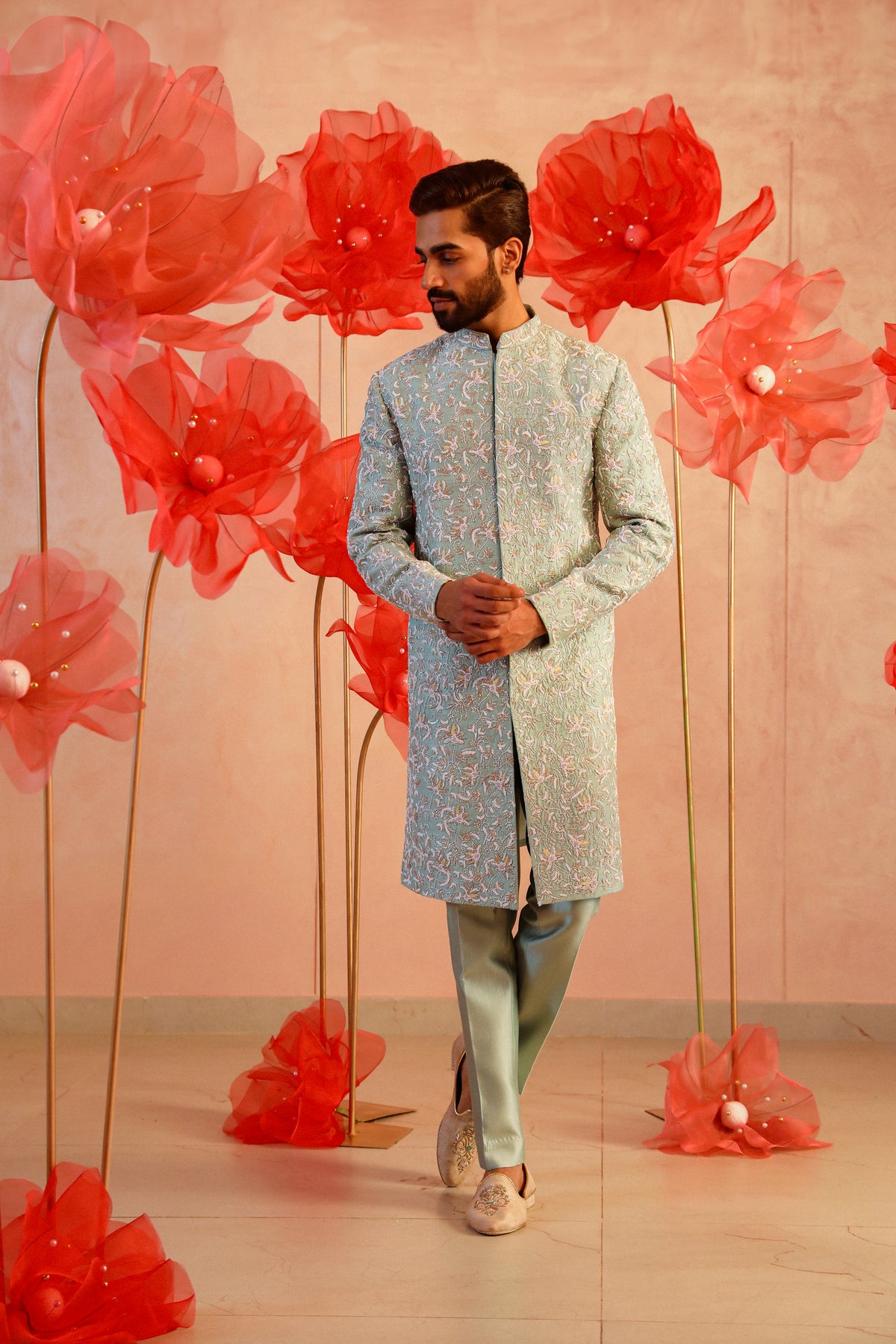 Pastel green embroided sherwani