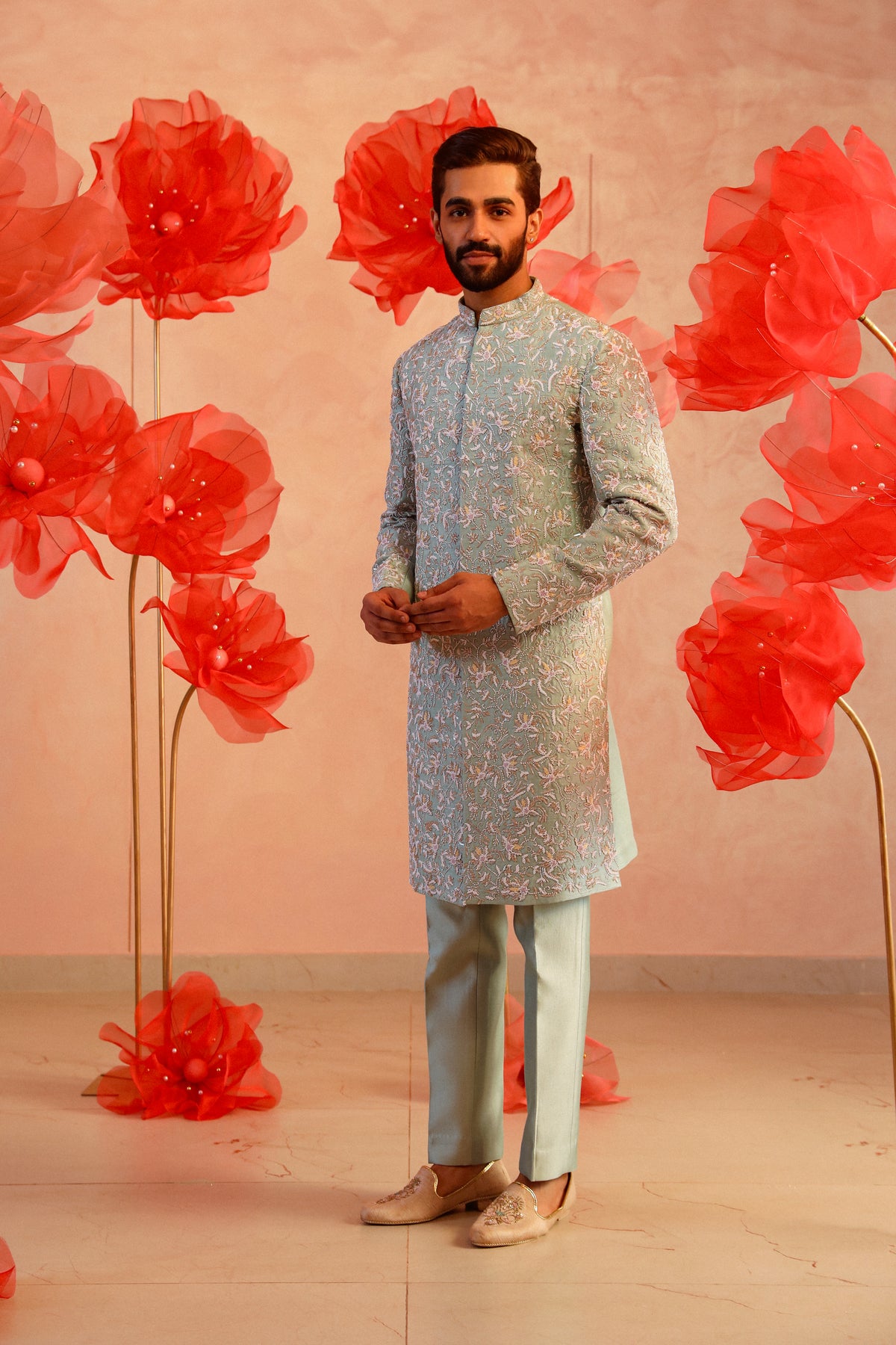 Pastel green embroided sherwani