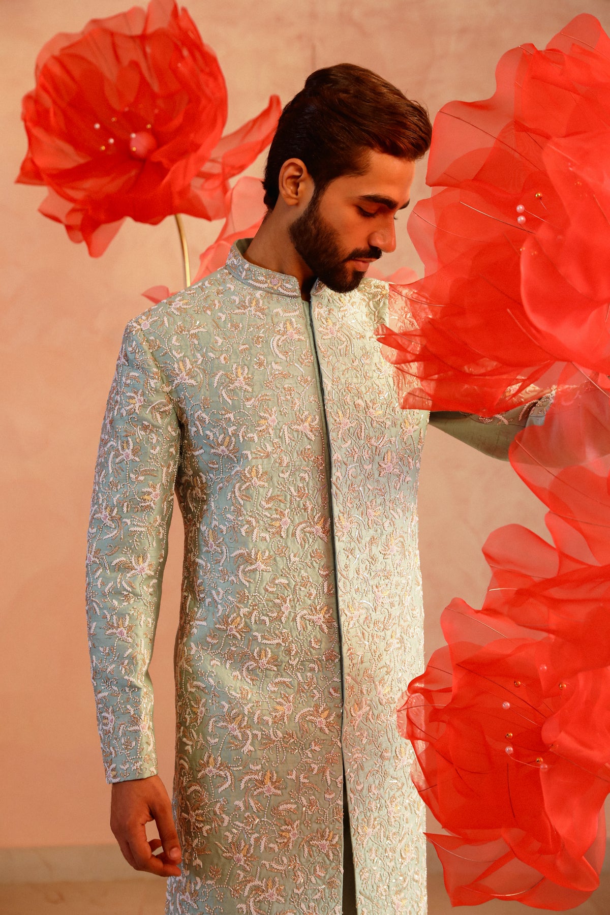 Pastel green embroided sherwani