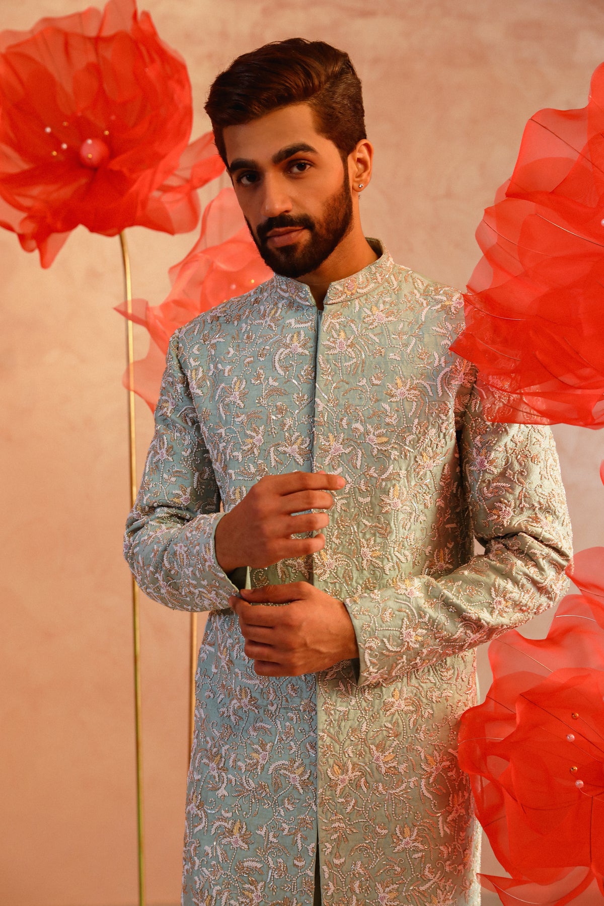 Pastel green embroided sherwani