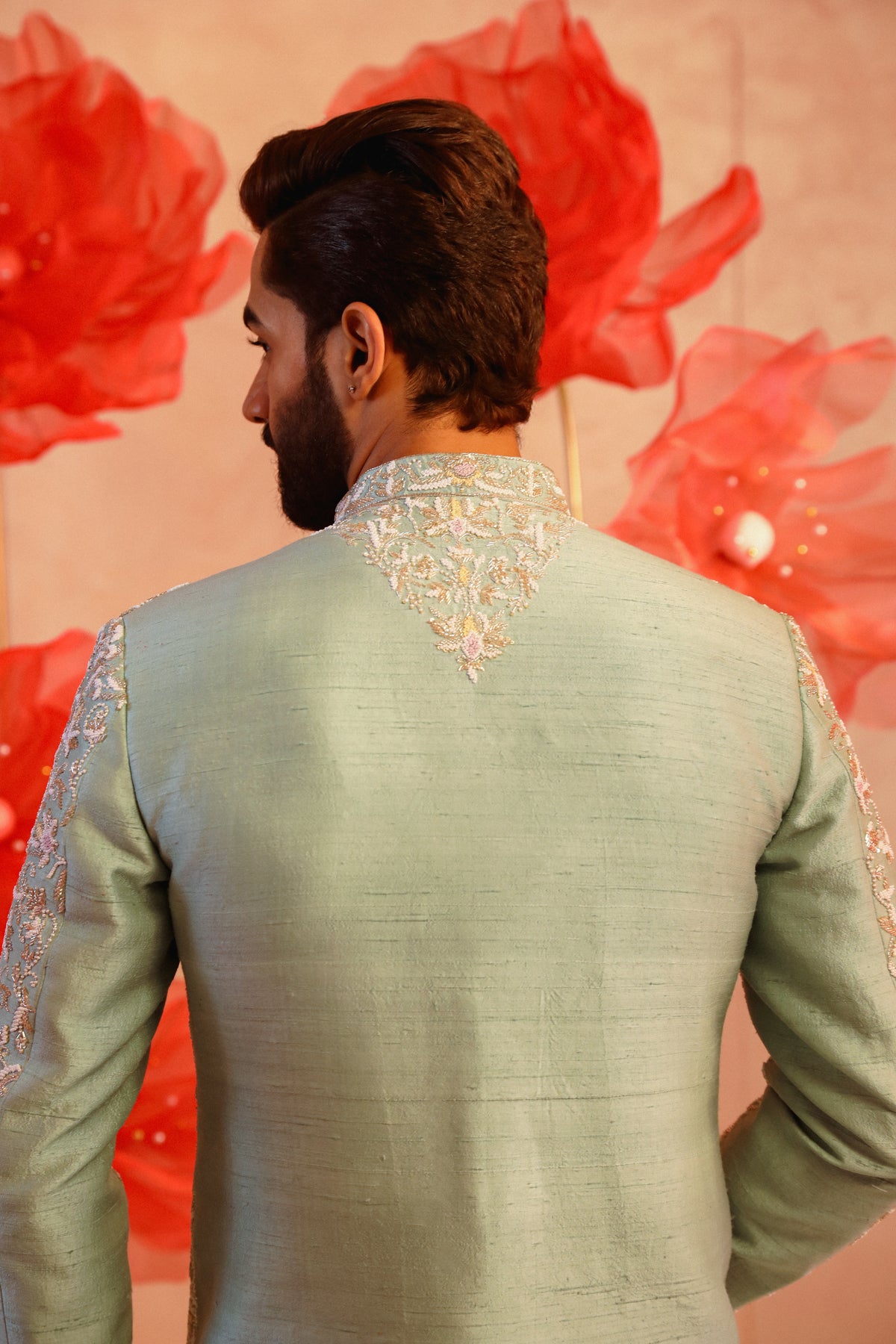 Pastel green embroided sherwani