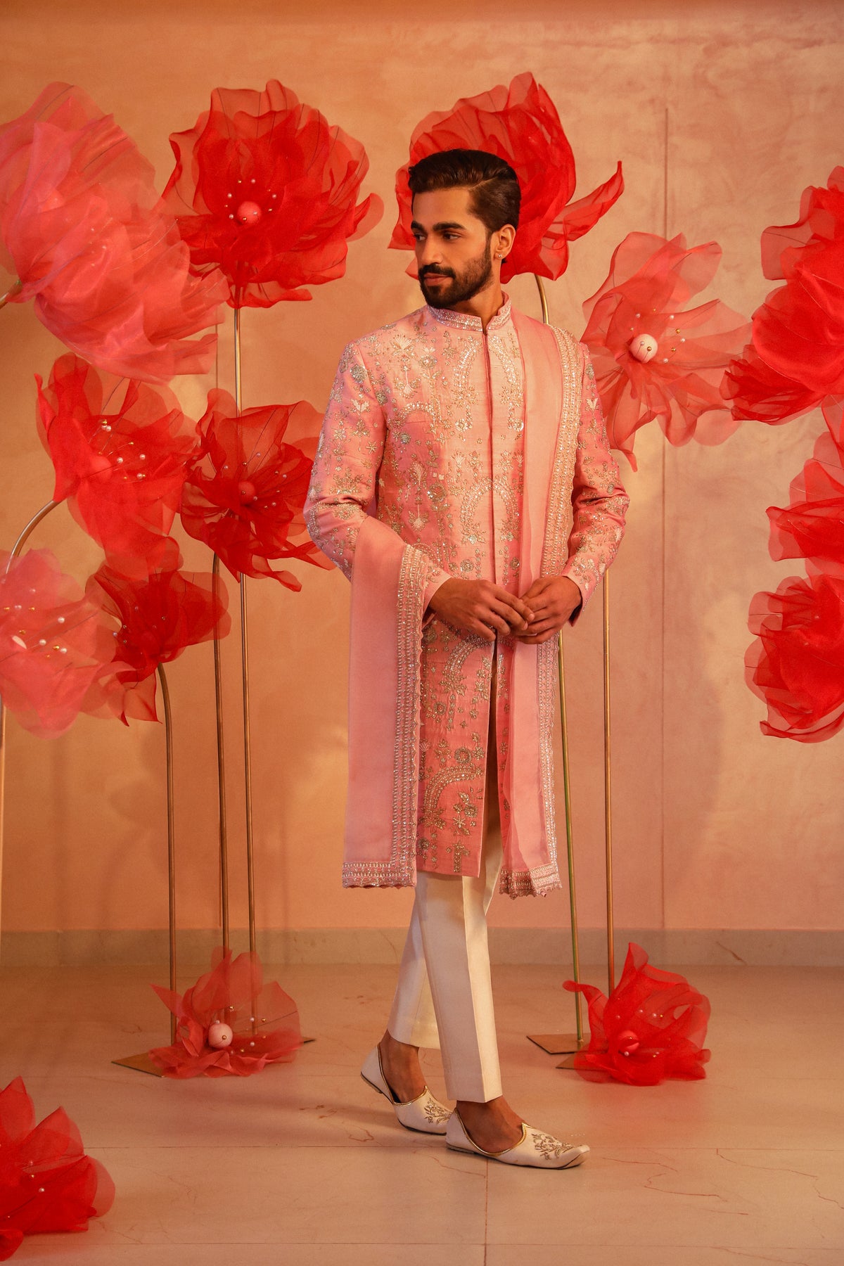 Pastel pink embroided sherwani set