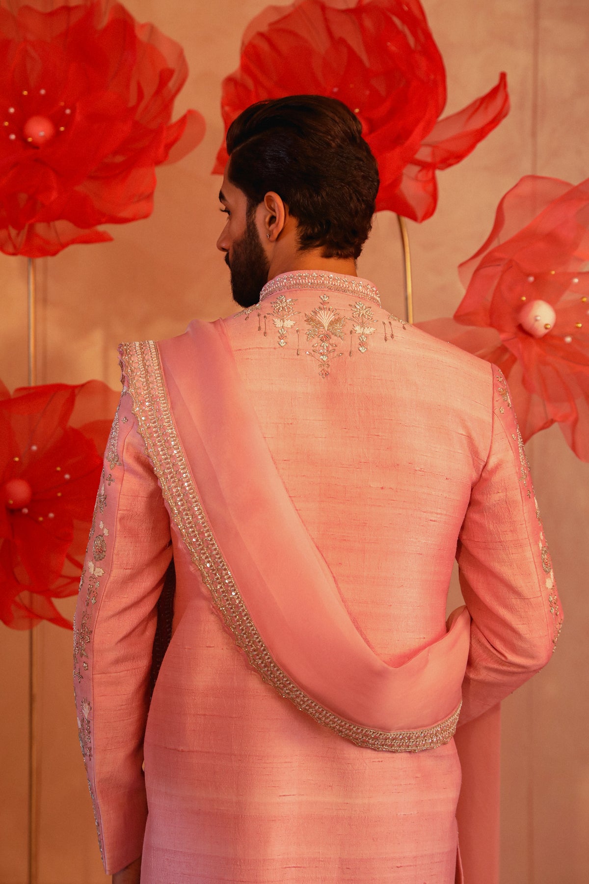 Pastel pink embroided sherwani set