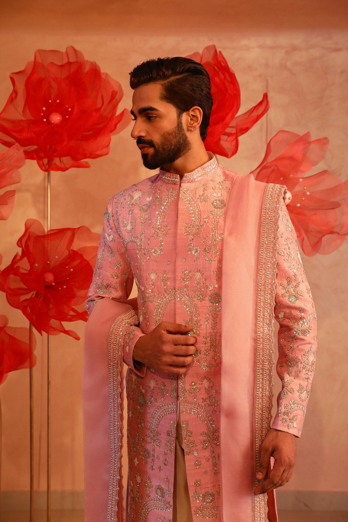 Pastel pink embroided sherwani set