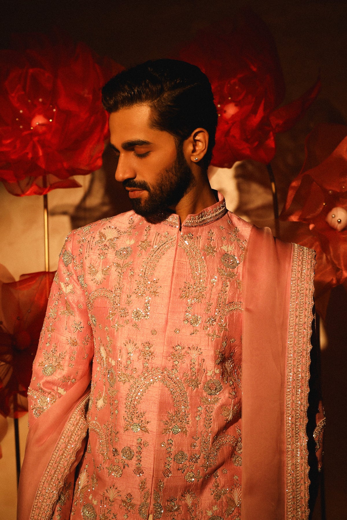 Pastel pink embroided sherwani set