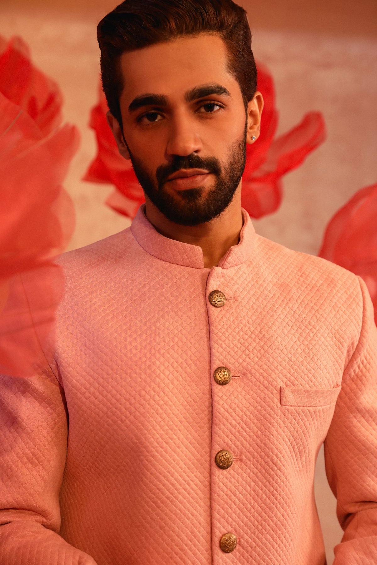 Pastel pink quiltted sherwani