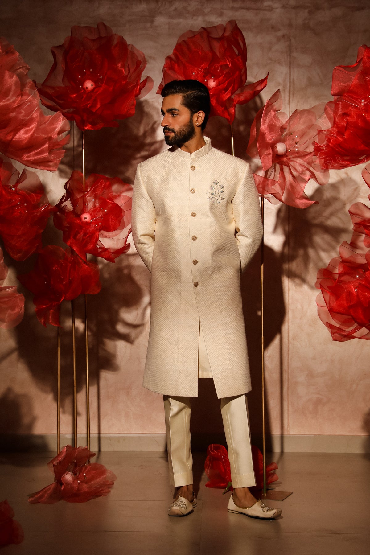 Ivory quiltted sherwani