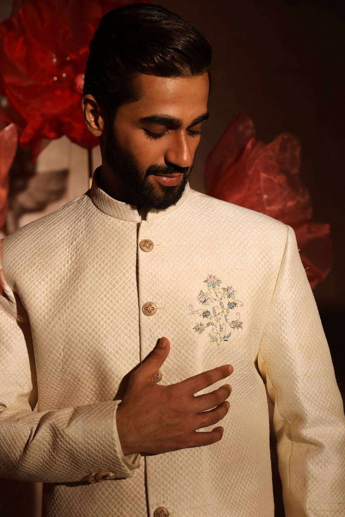 Ivory quiltted sherwani