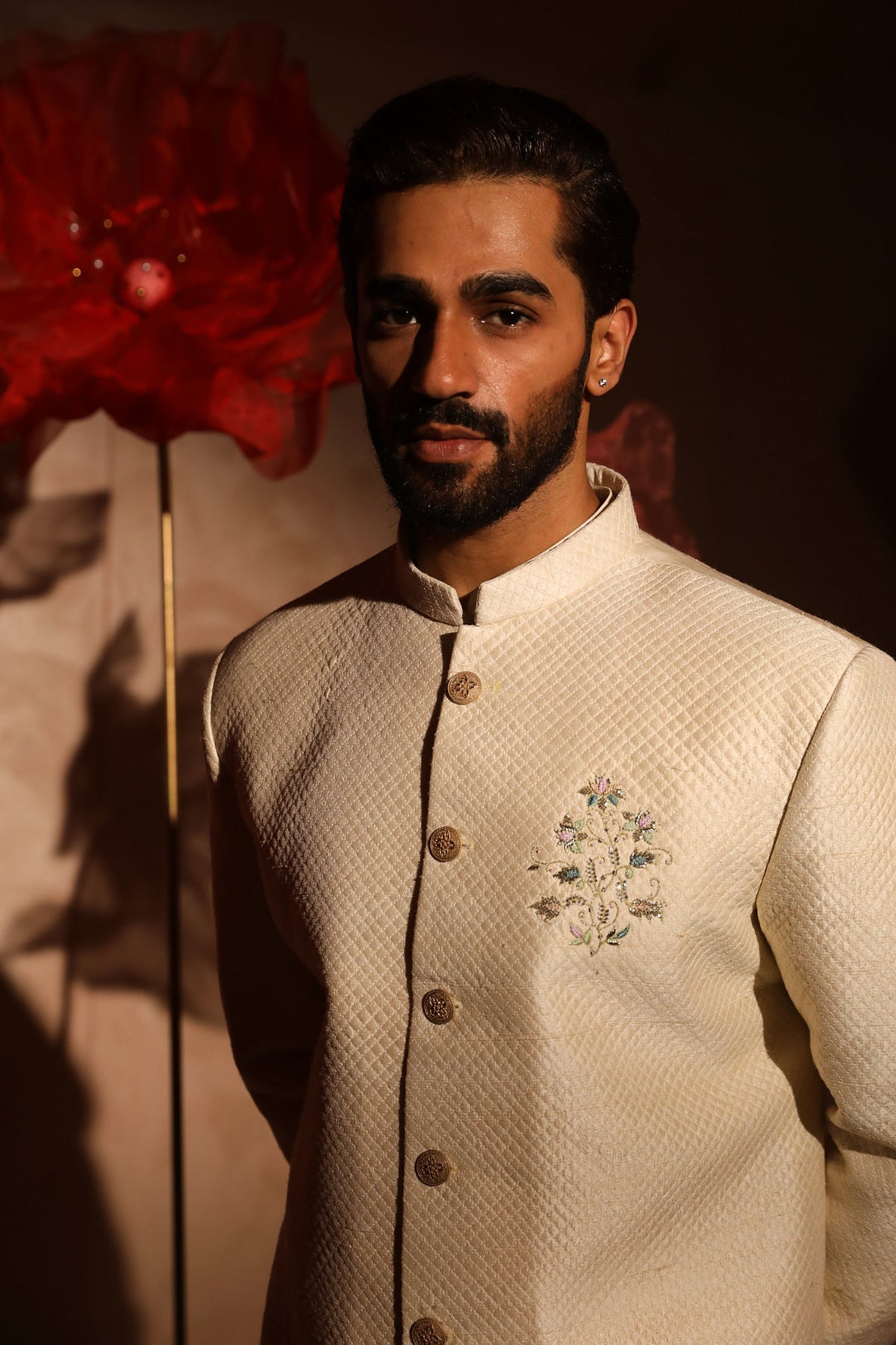 Ivory quiltted sherwani