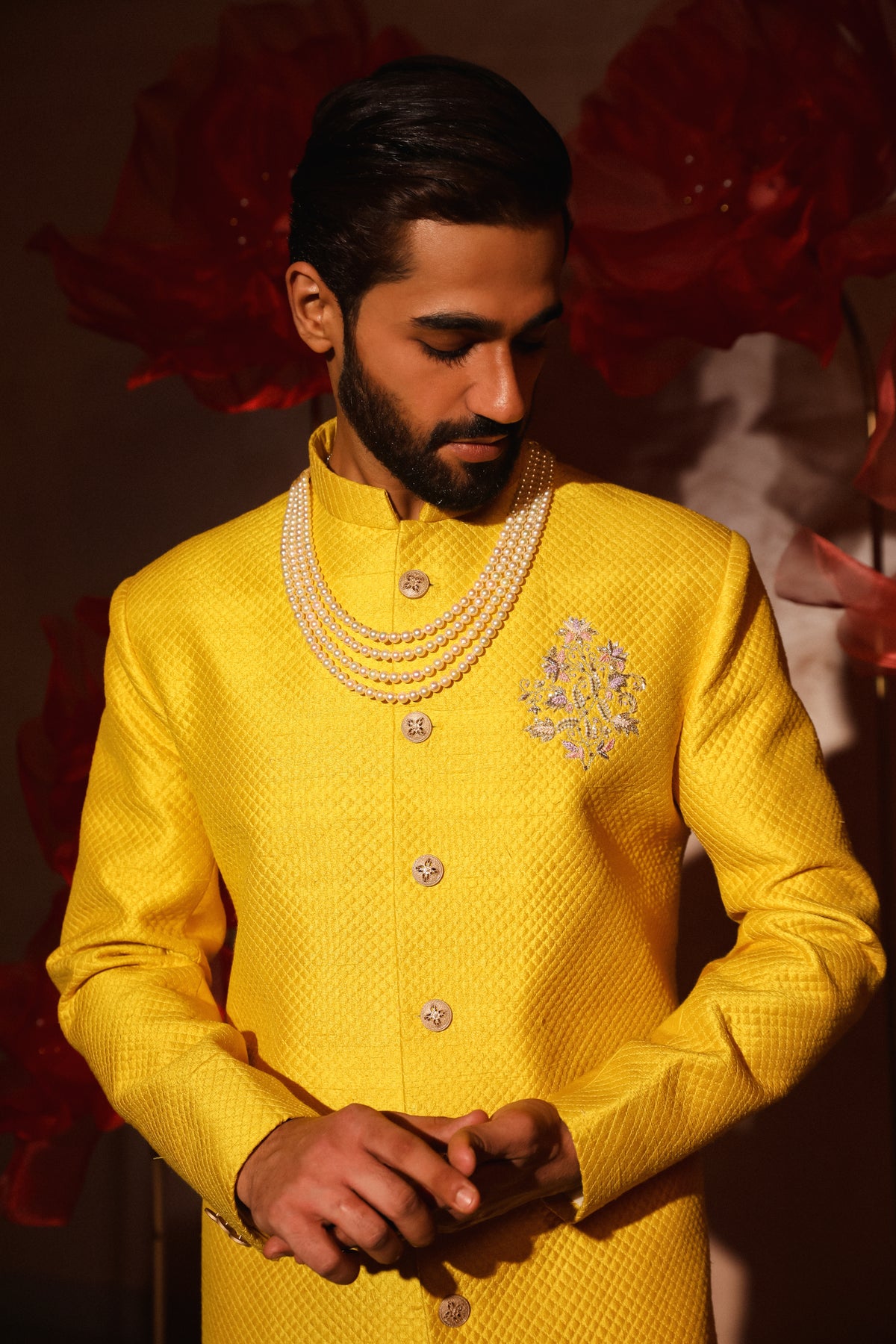 Yellow quiltted sherwani set