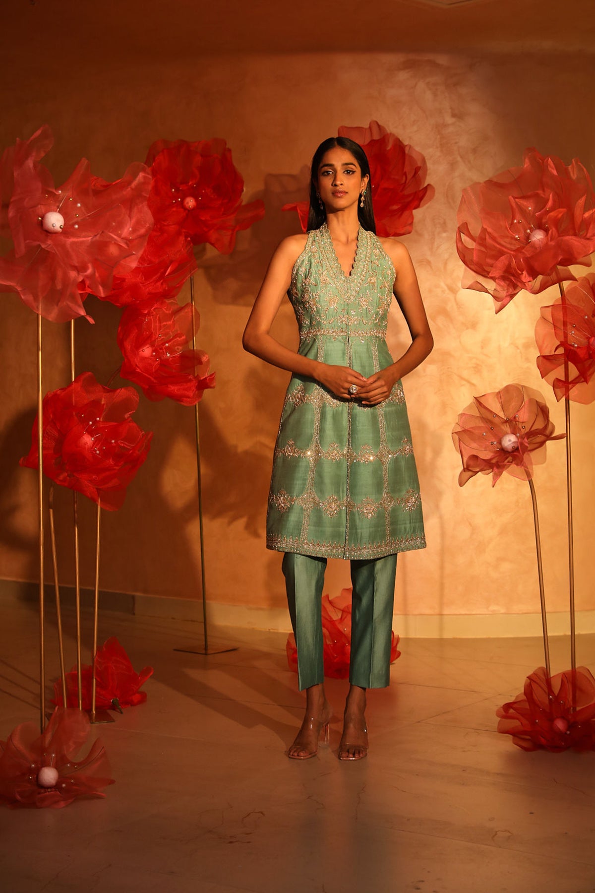 Ablaze agate green embroided kurta set