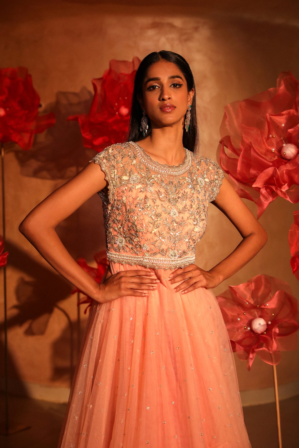 Peotic peach embroided gown