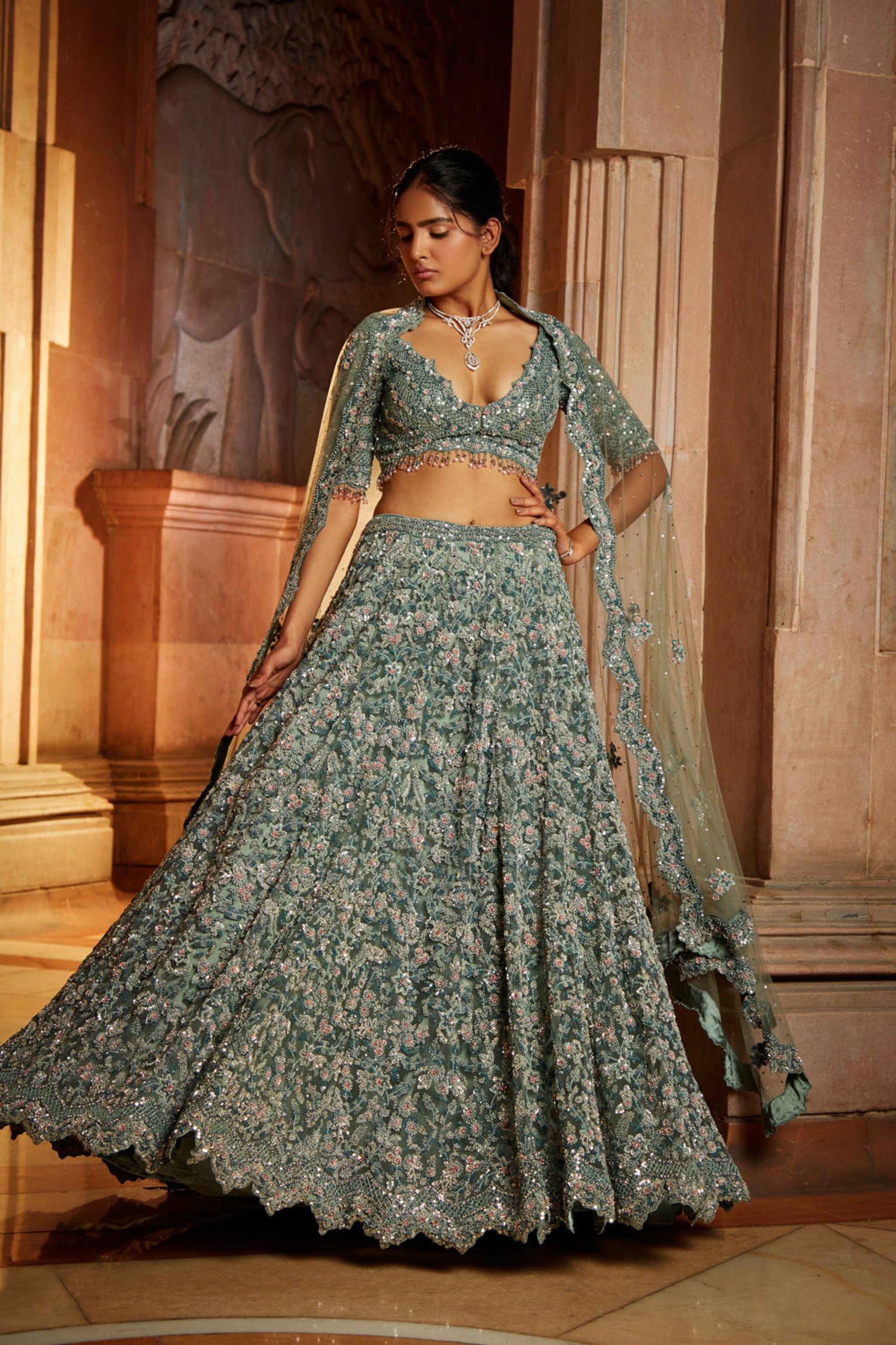 Nitika Gujral Sage Green Lehenga Choli Set Elahe