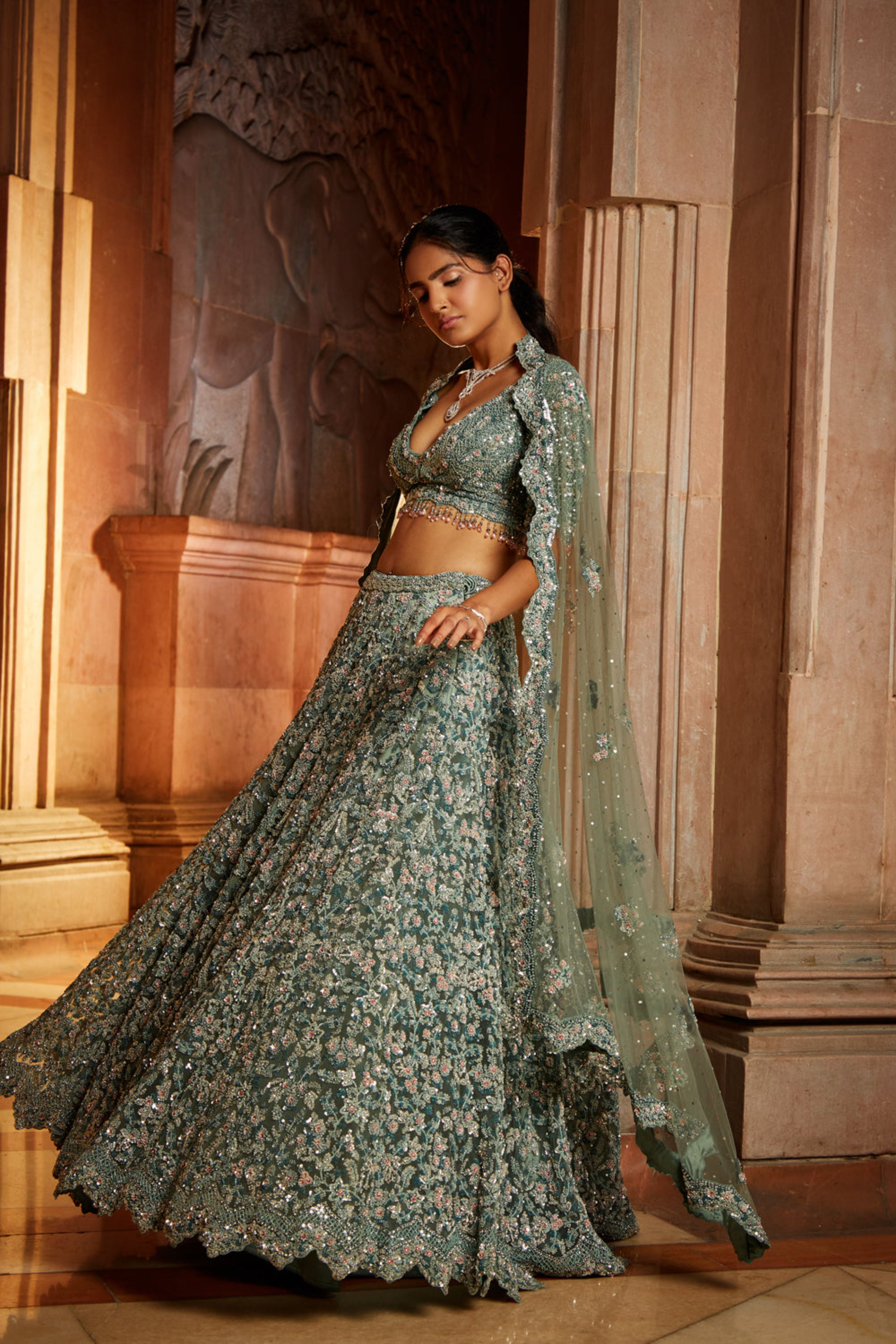 Nitika Gujral Sage Green Lehenga Choli Set Elahe