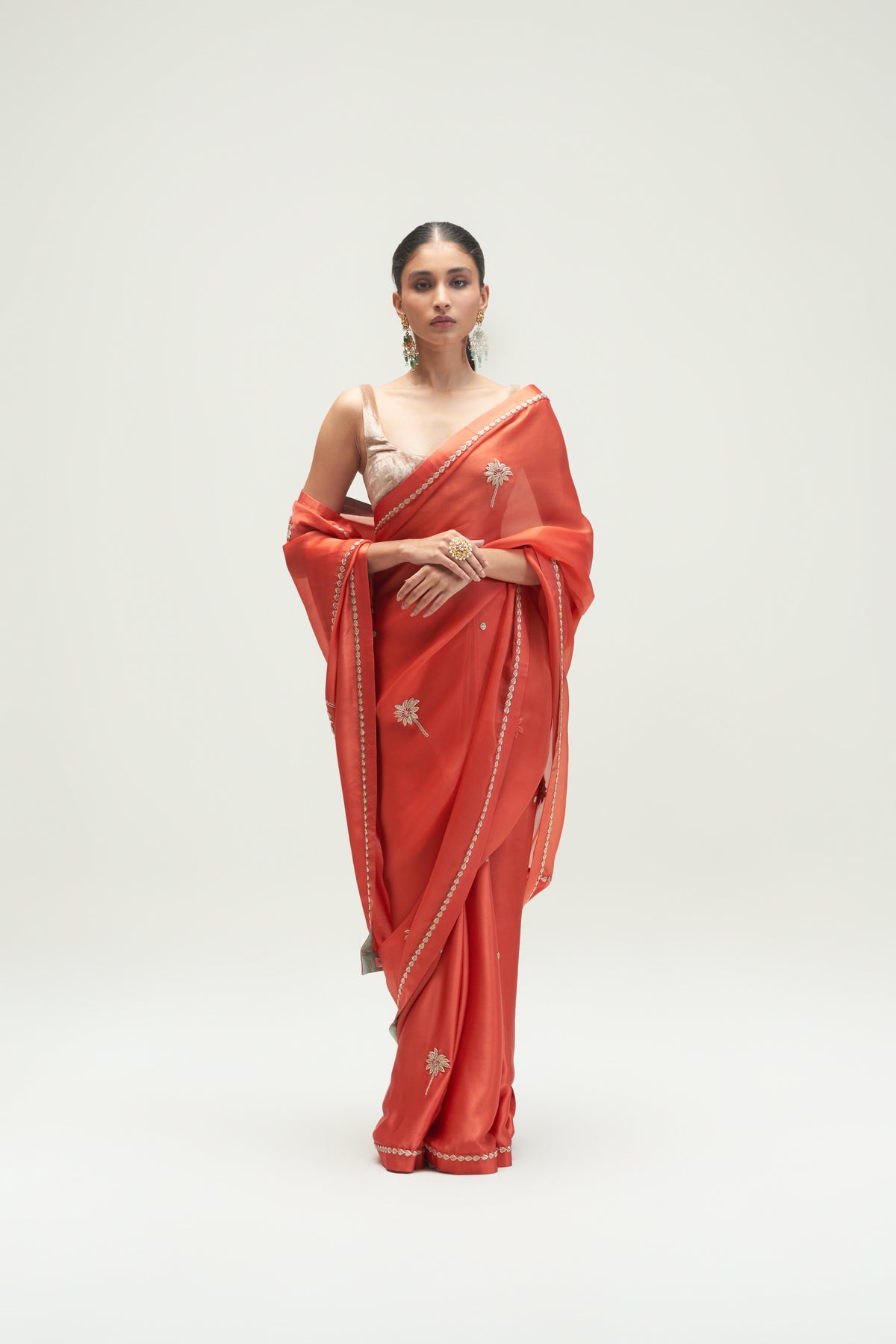 Coconut Palm Embroidered Rust Saree