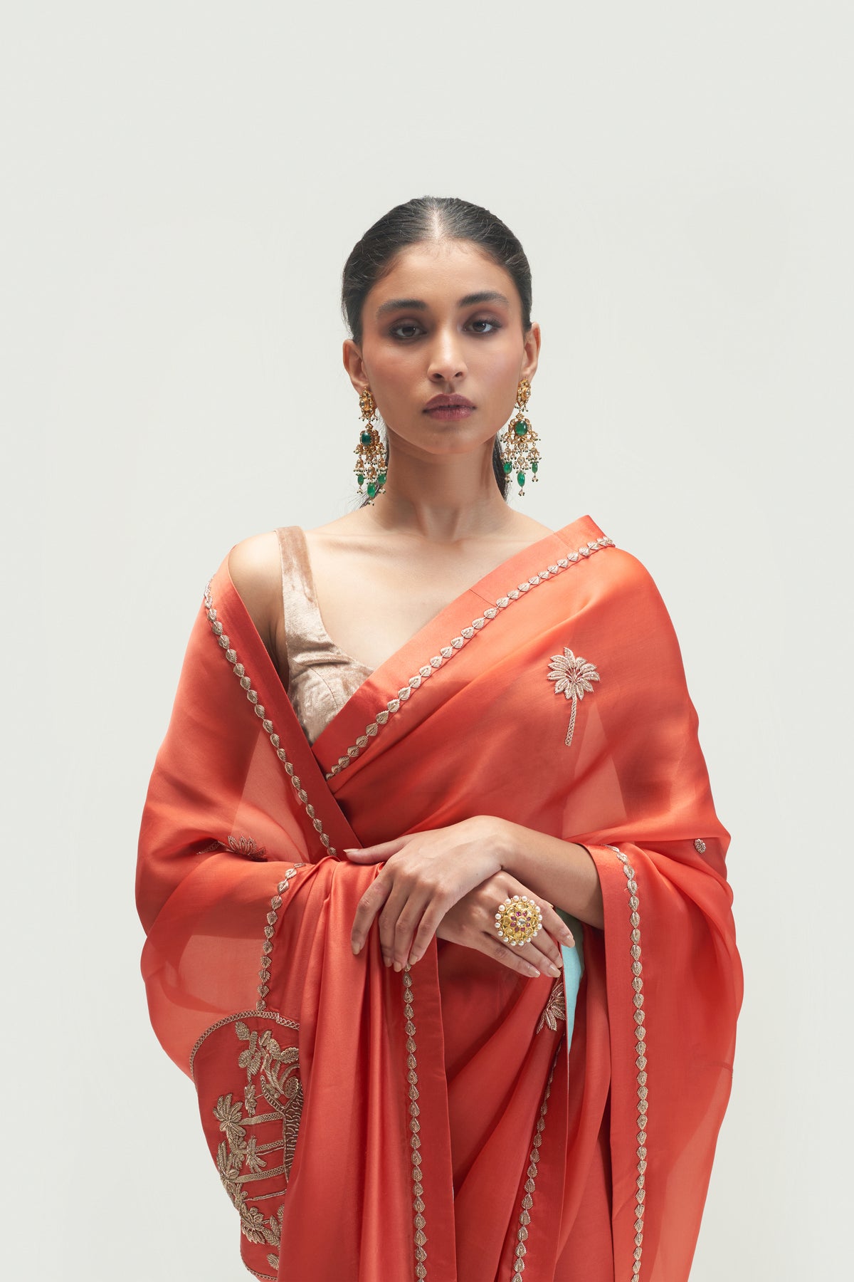 Coconut Palm Embroidered Rust Saree