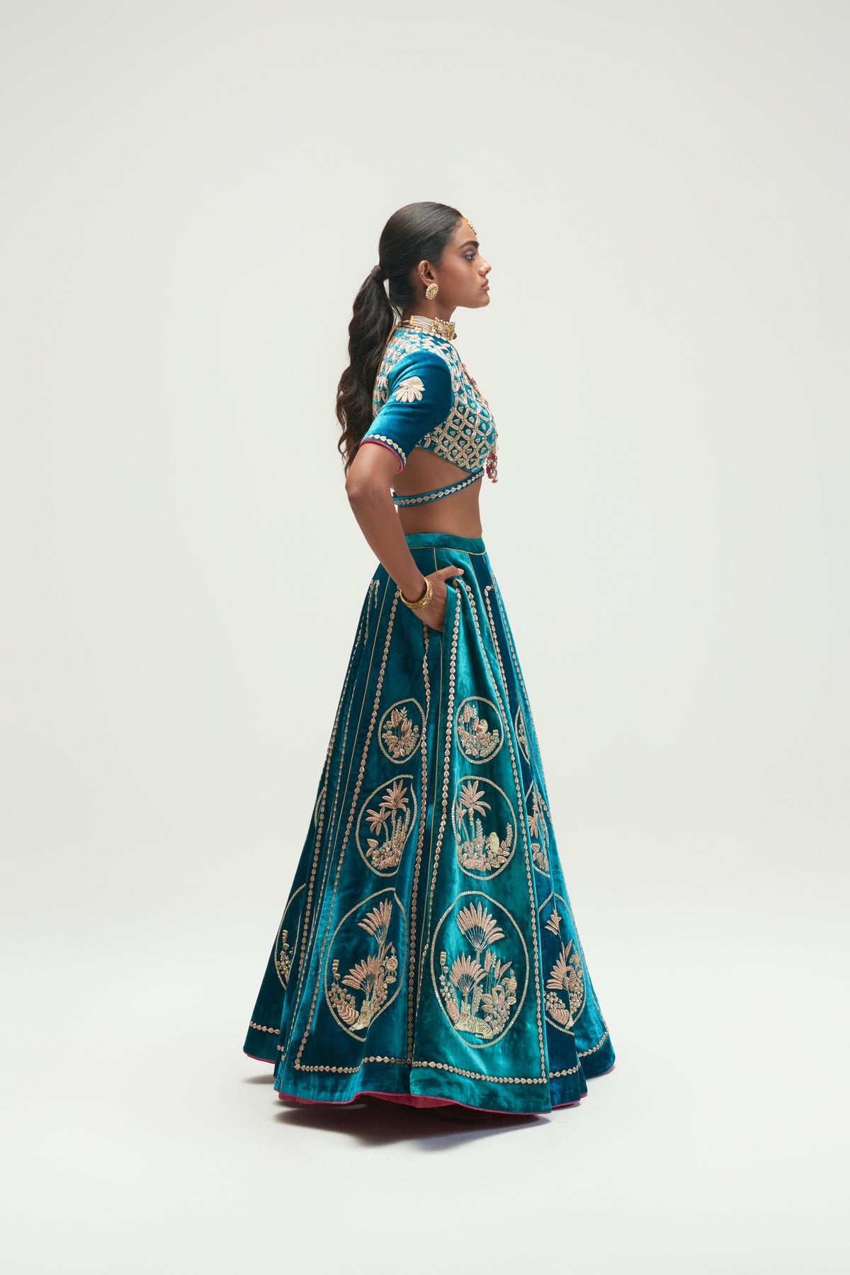 Sea Blue Velvet Lehenga Set