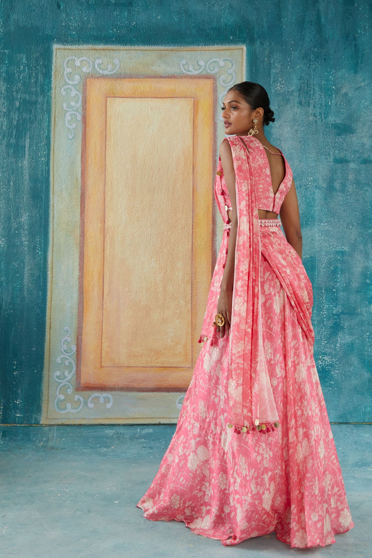 Pink printed draped saree
