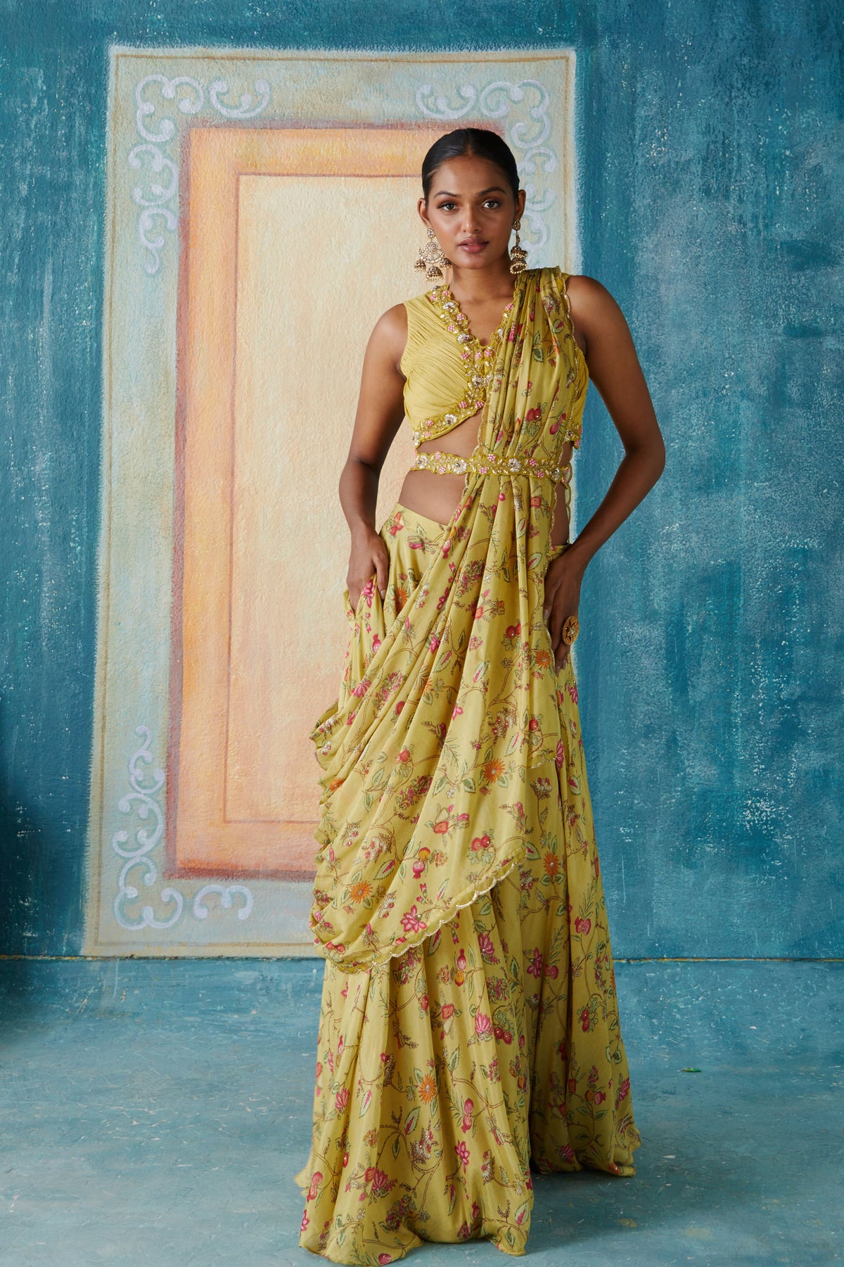 Lime printed draped saree