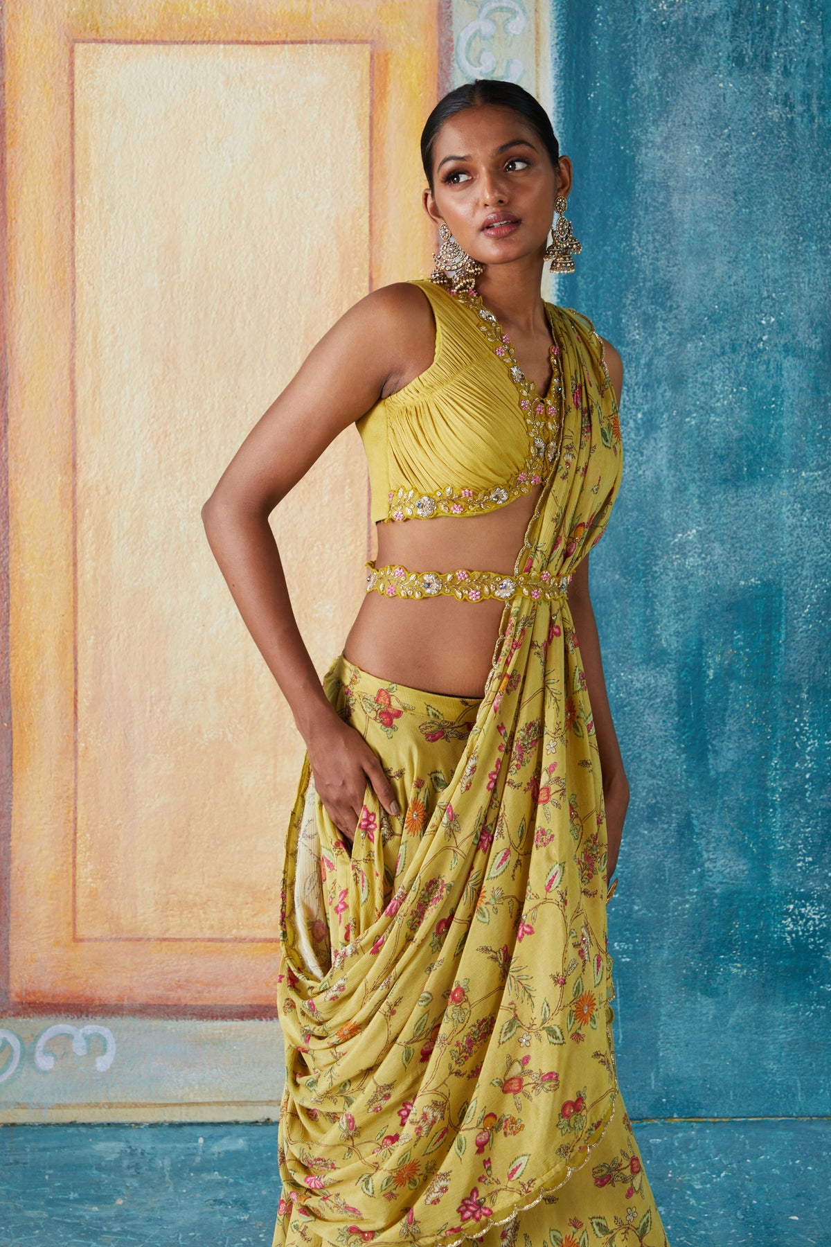 Lime printed draped saree