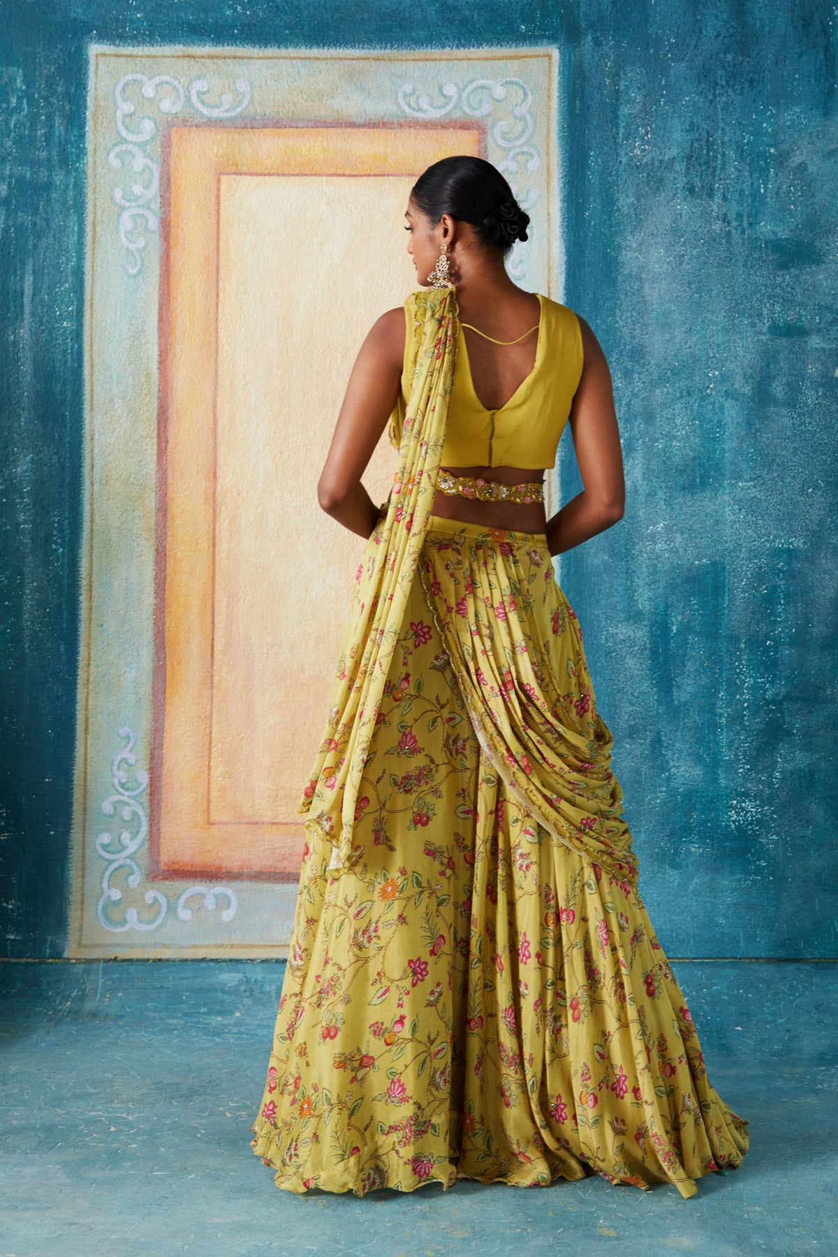 Lime printed draped saree