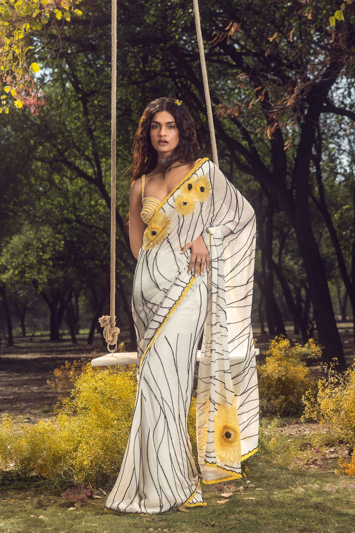 Off White Sunflower Saree