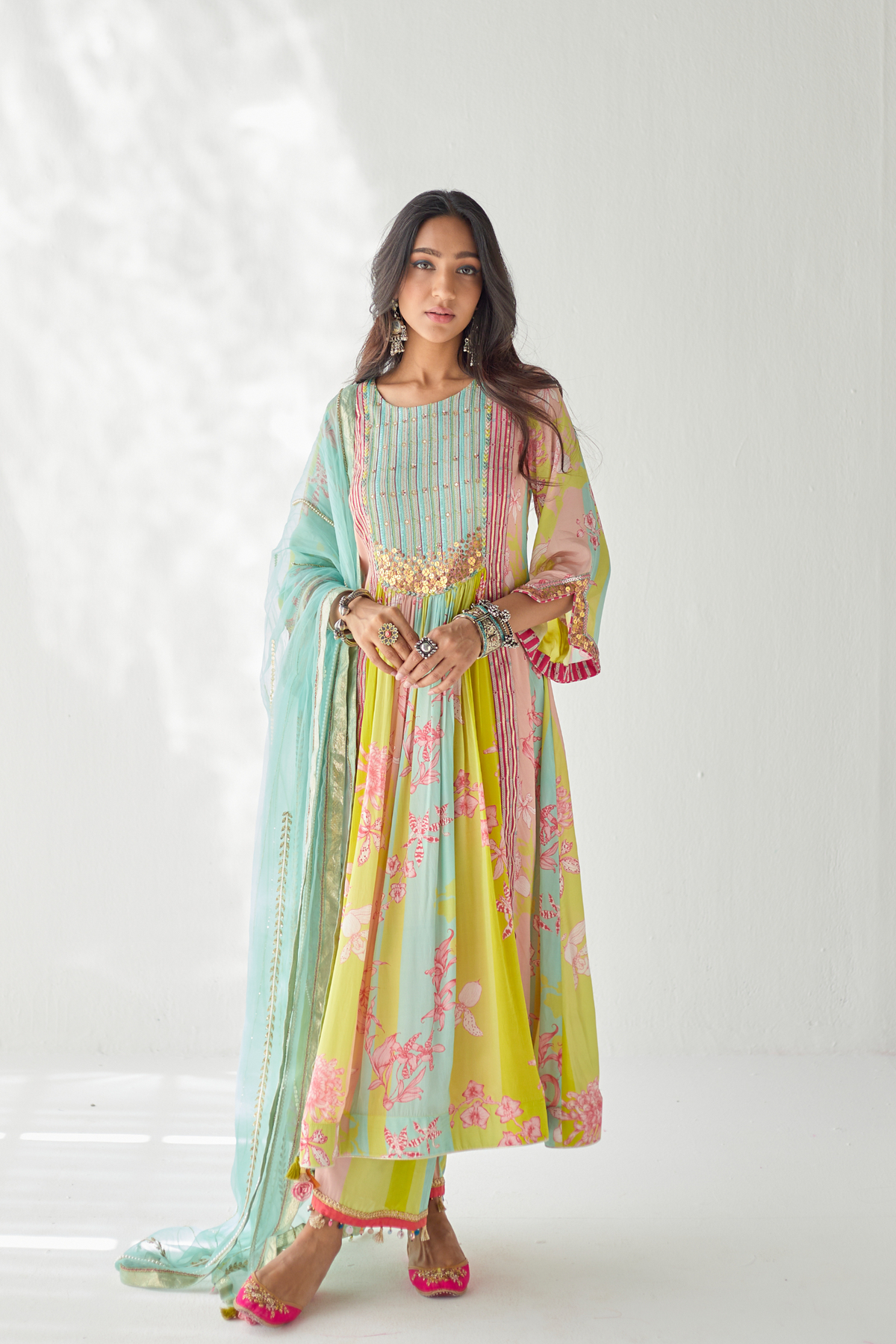 Lime yellow orchid yoke kurta