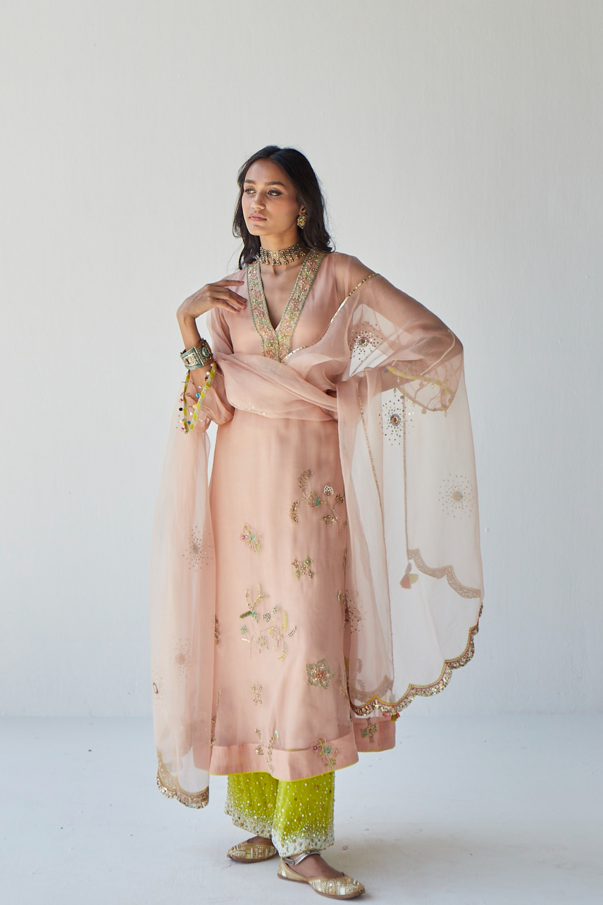 Nude pink jaal organza kurta