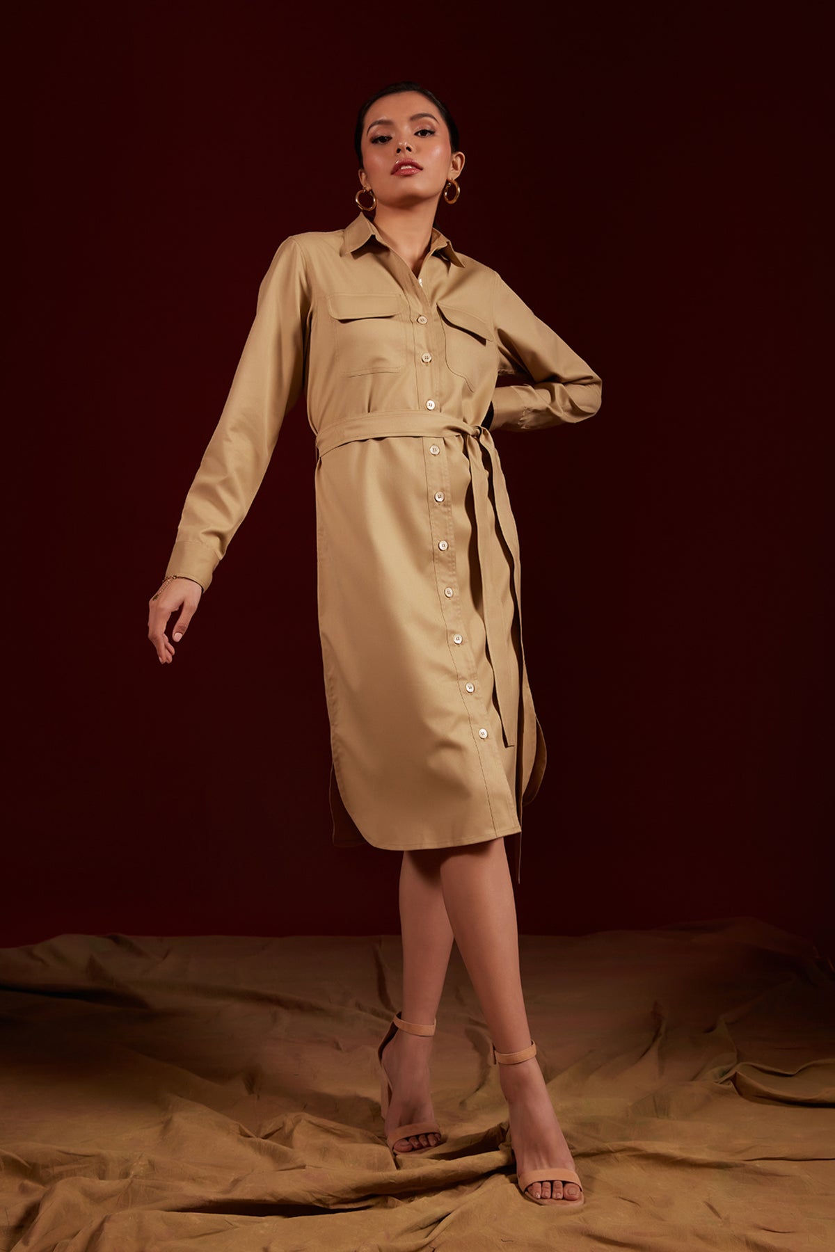 Tan Double Pocket Shirt Dress