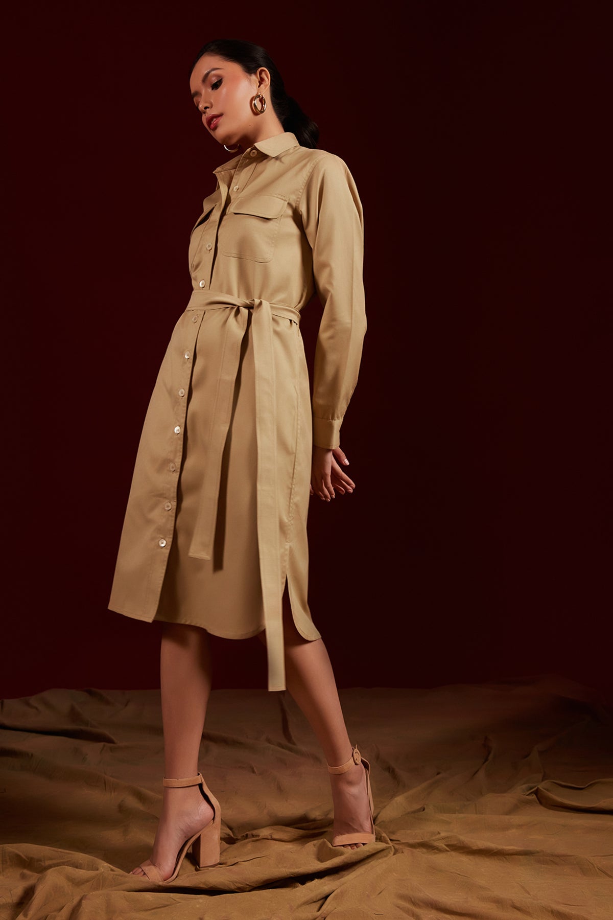 Tan Double Pocket Shirt Dress