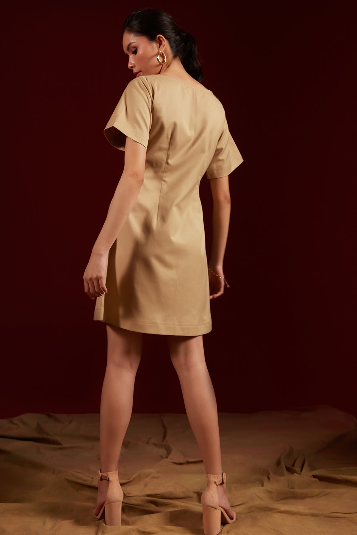 Tan Side Placket Shift Dress