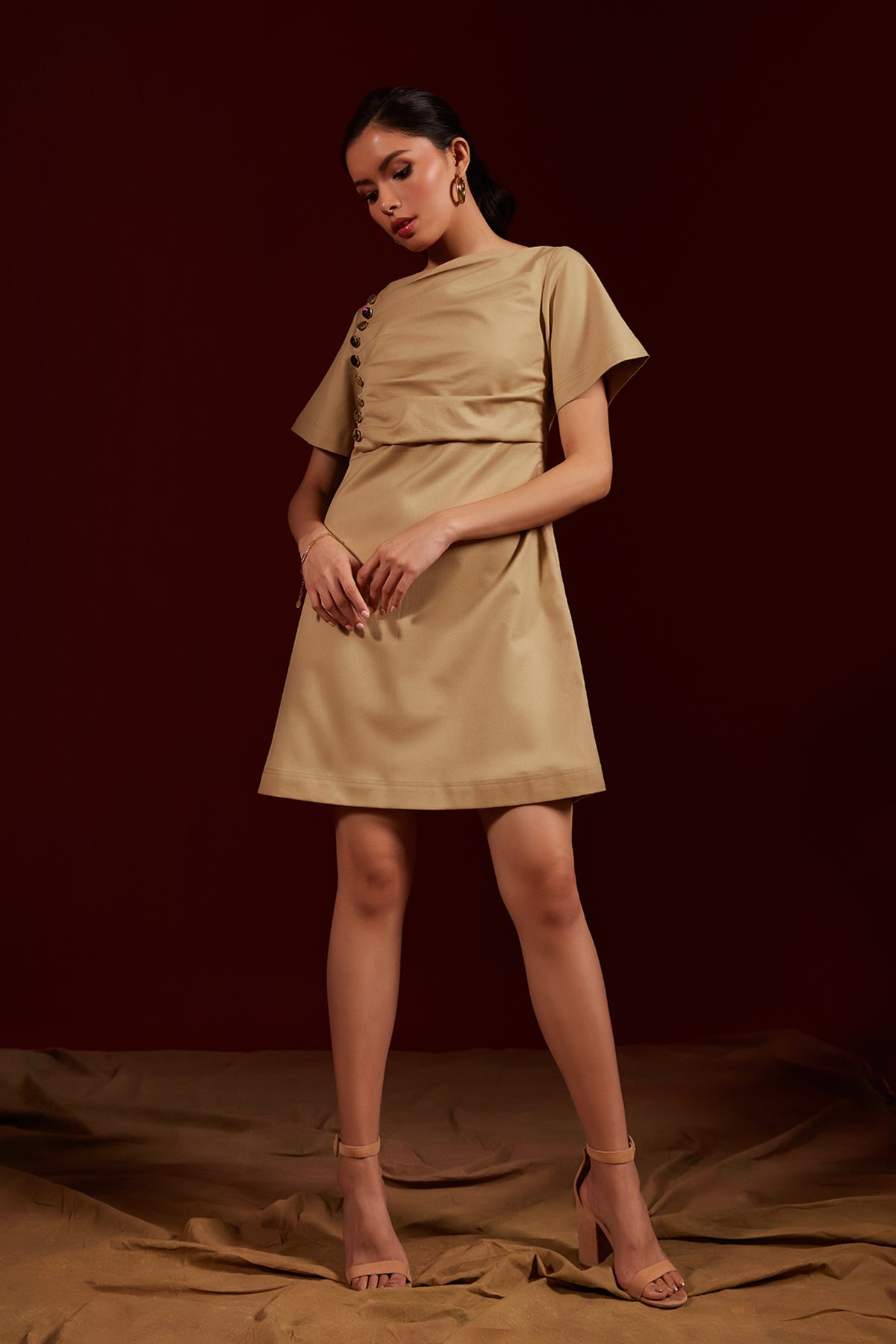 Tan Side Placket Shift Dress