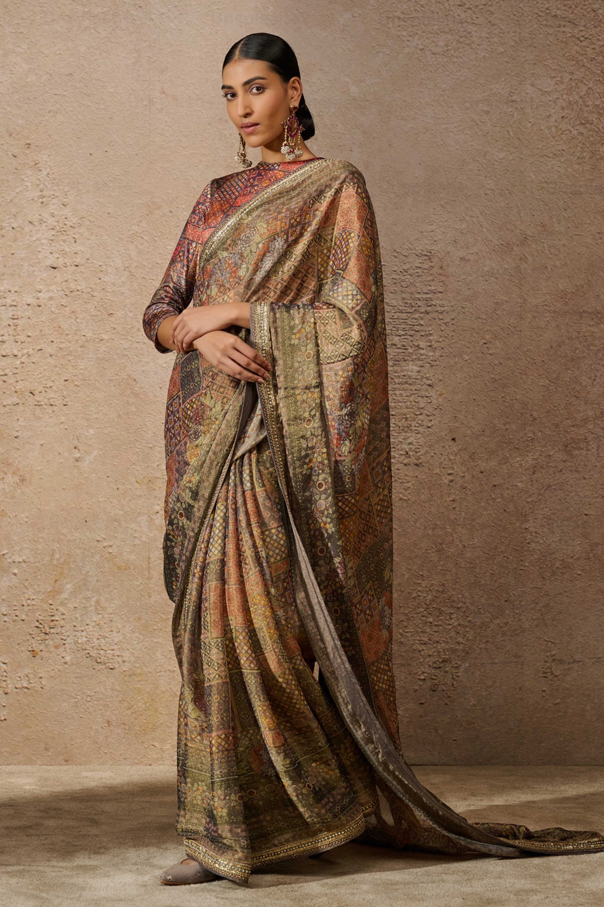 Printed Foil Jersey Saree Set