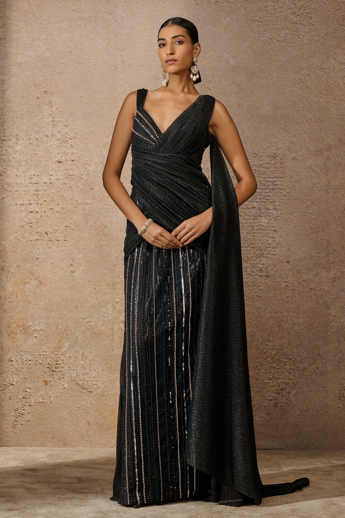 Draped Crinkle Embroidered Black Gown