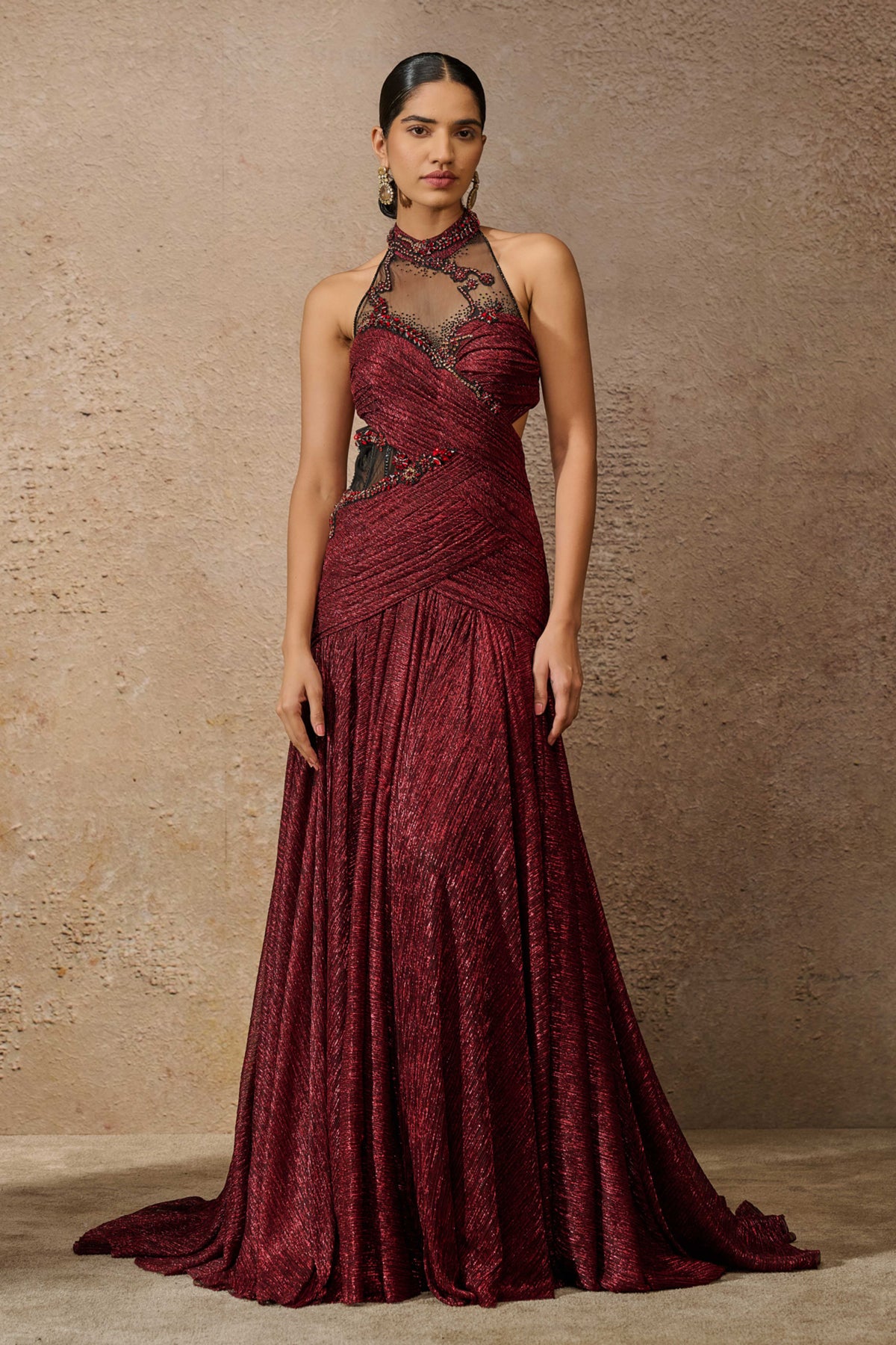 Sculpted Jewelled Crinkle Wine Gown