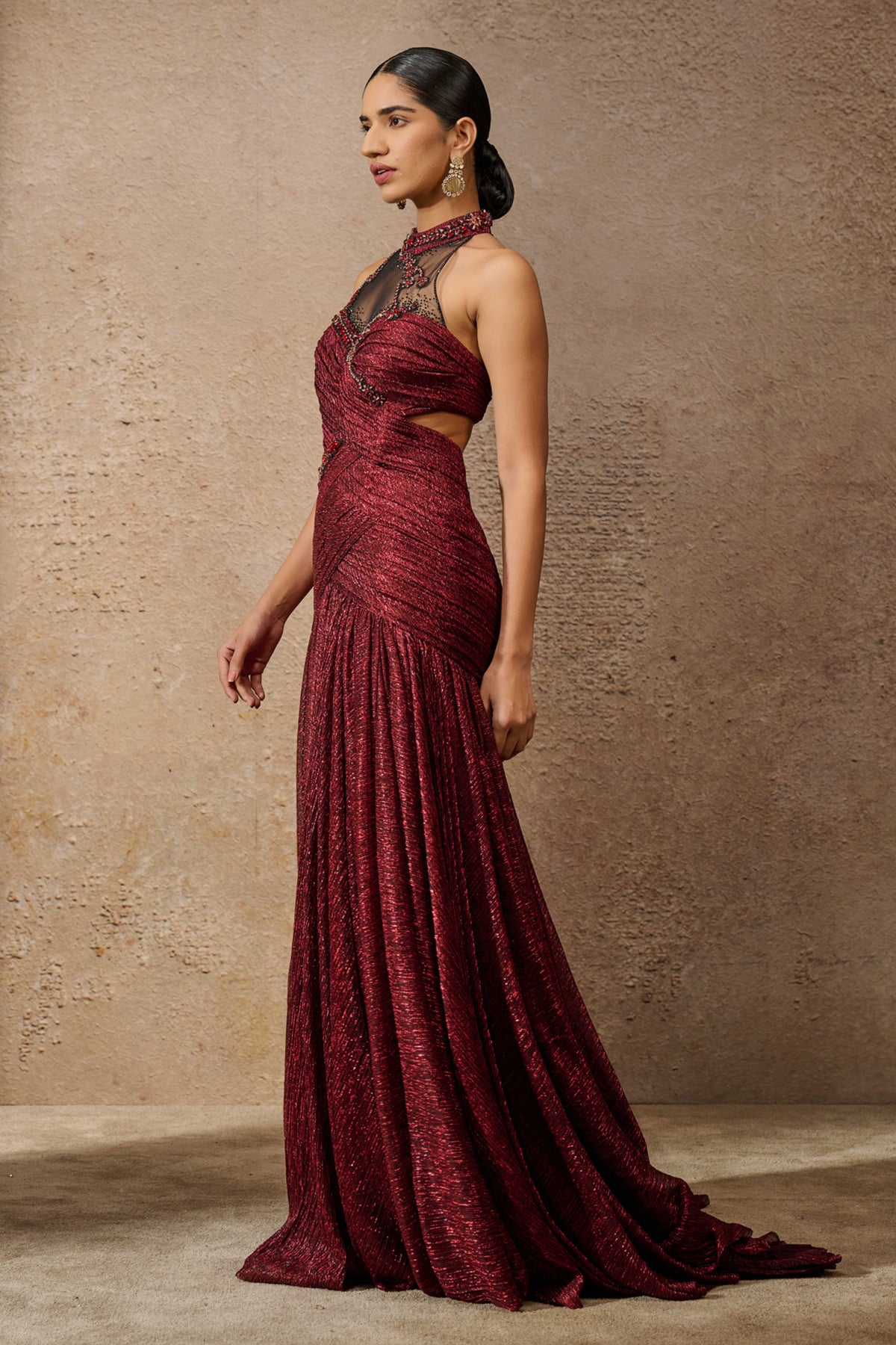 Sculpted Jewelled Crinkle Wine Gown