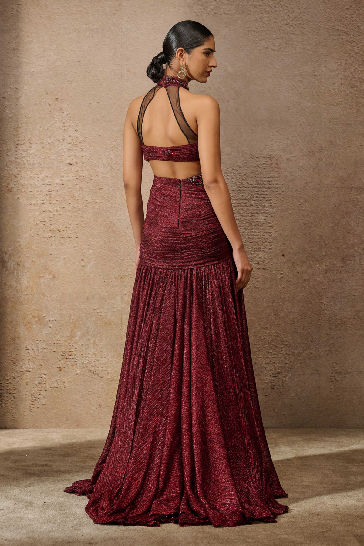 Sculpted Jewelled Crinkle Wine Gown