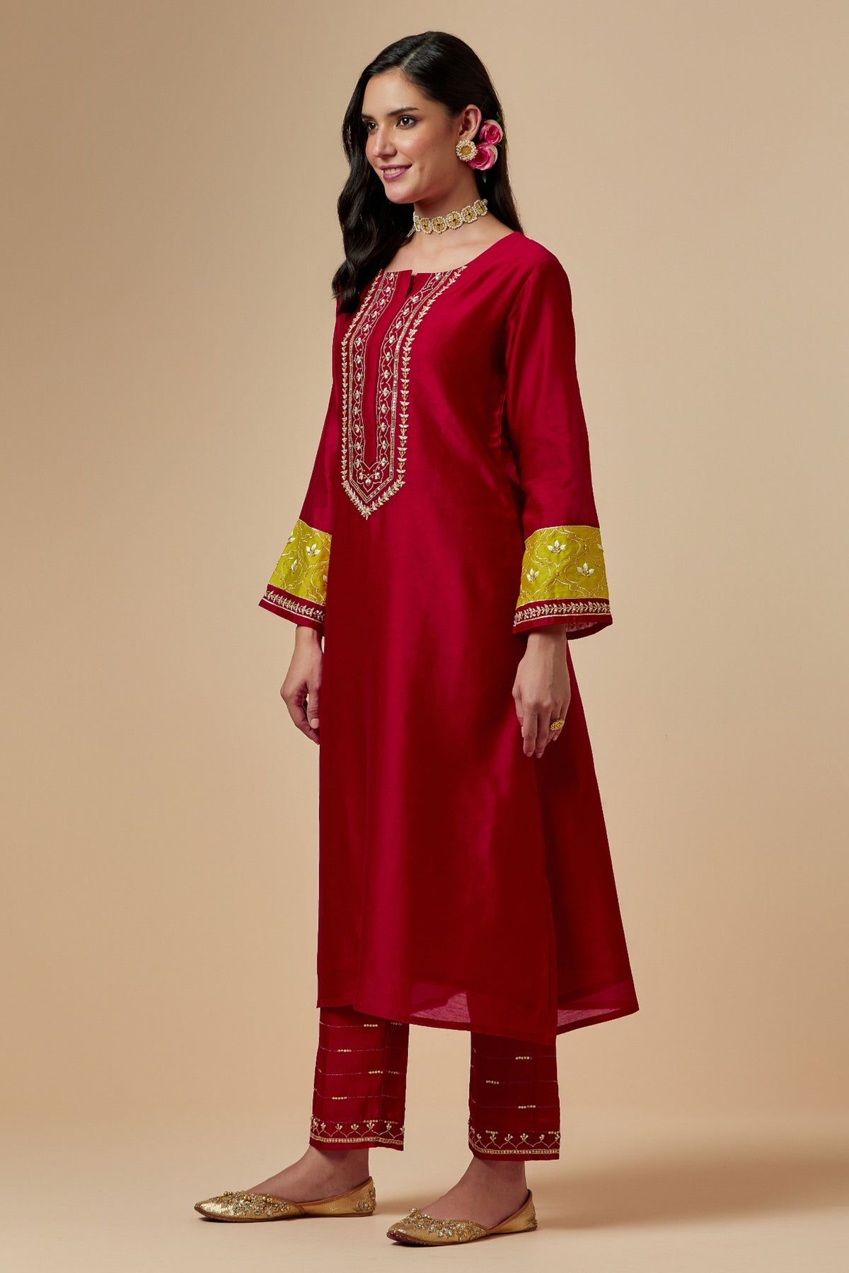 Red Silk A-line Kurta