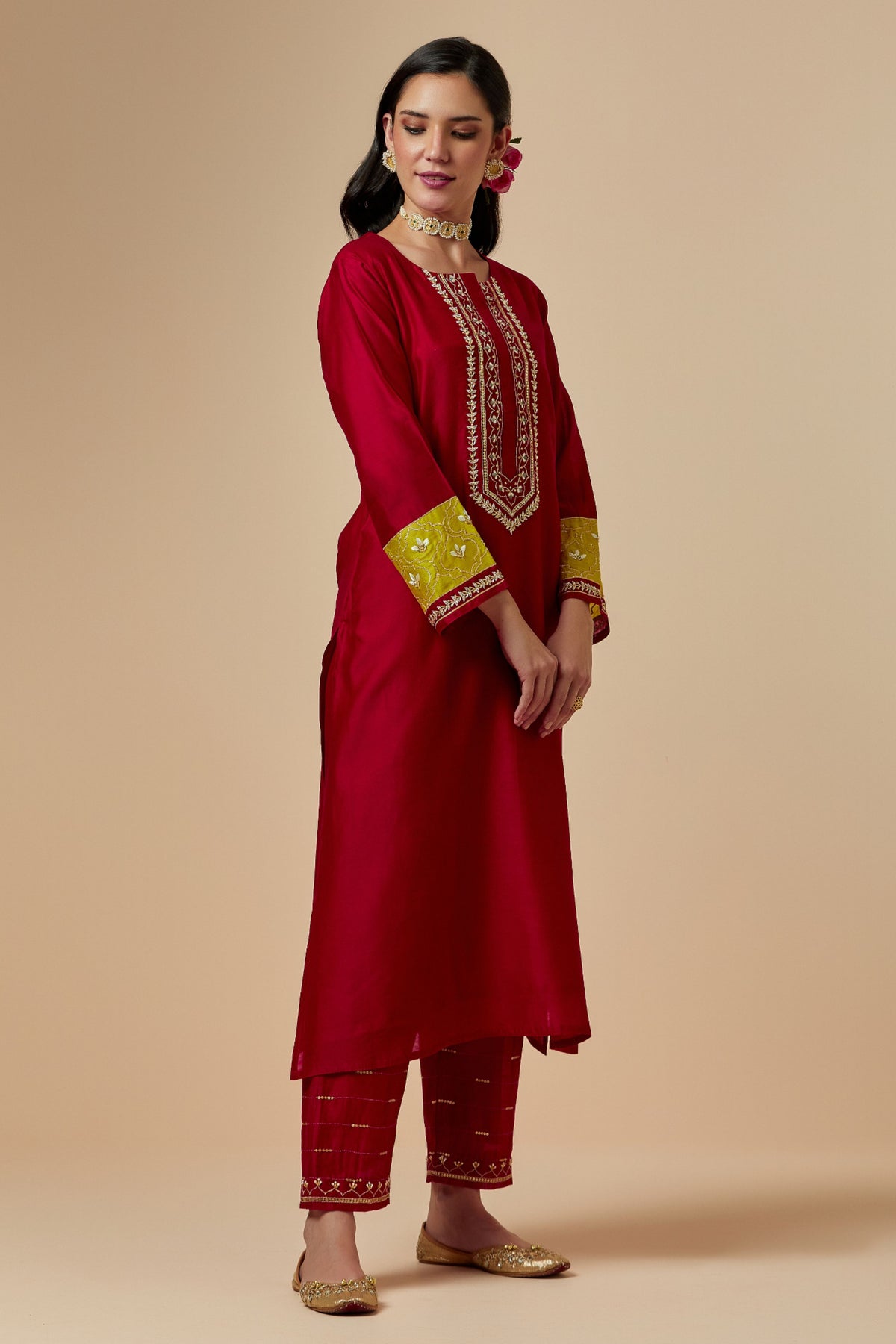 Red Silk A-line Kurta