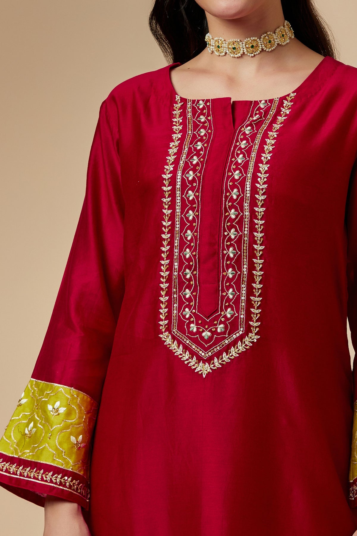 Red Silk A-line Kurta