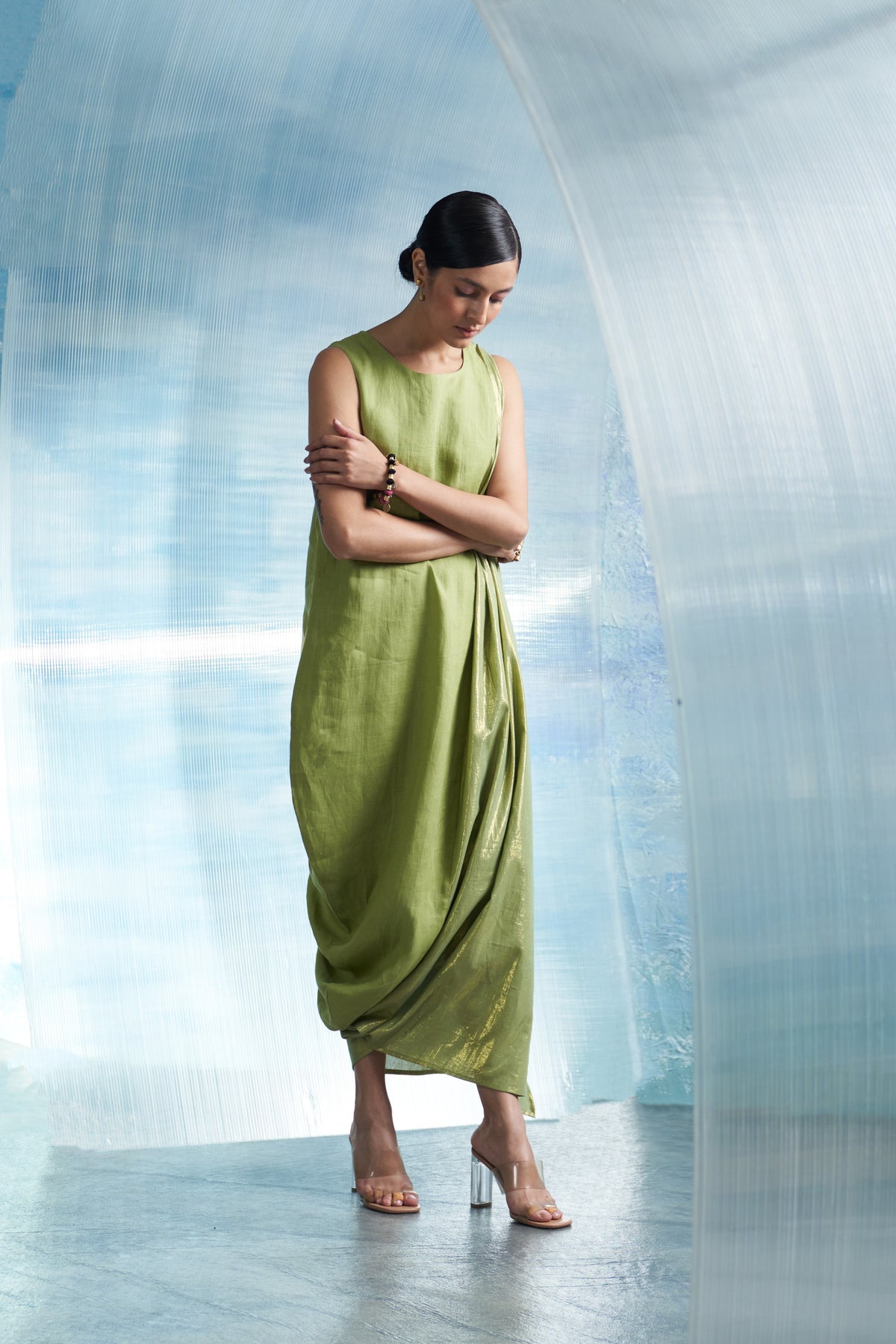 Sheen Green Drape Dress