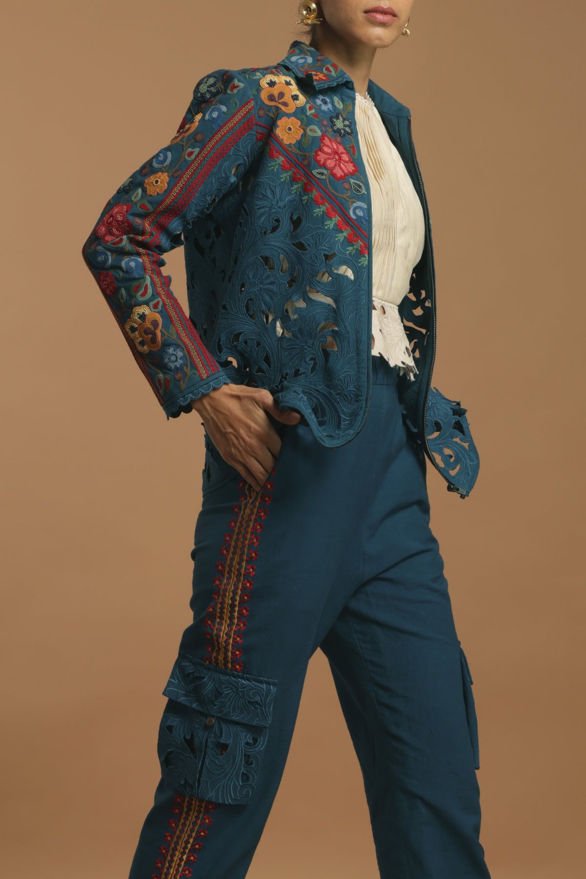 Blue kala cotton panelled short jacket