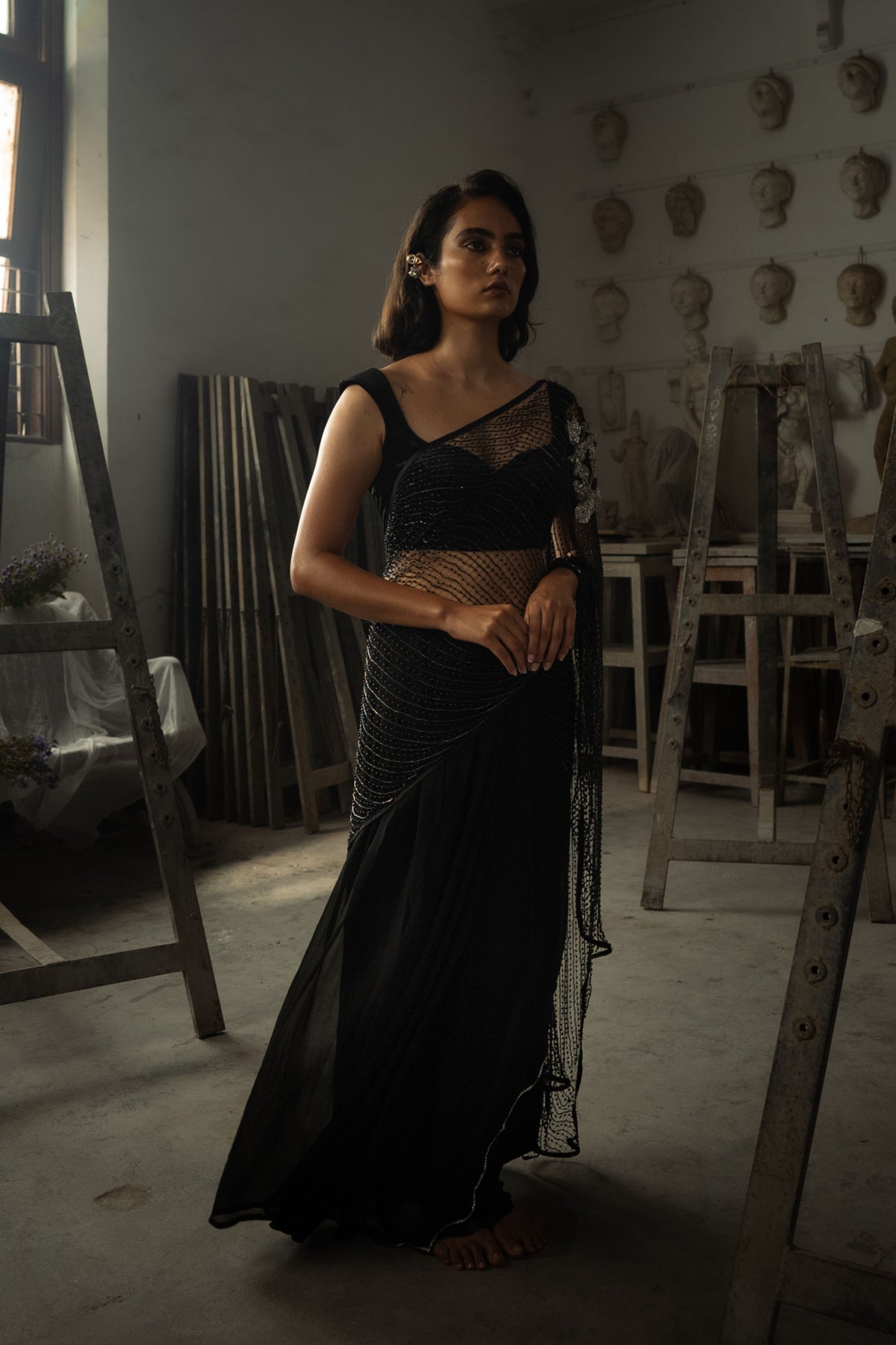 Charcoal Pearl Weave Black Saree