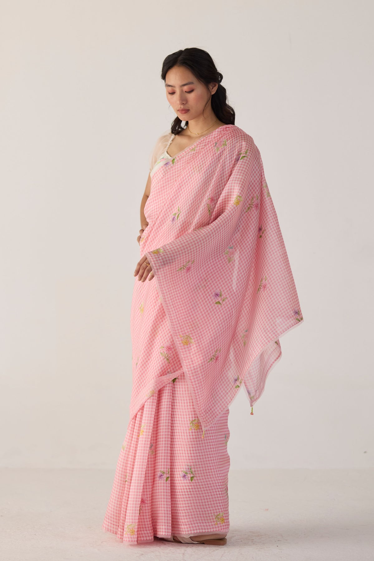 Pink Serene Meadow Mulberry Organza Silk Sari