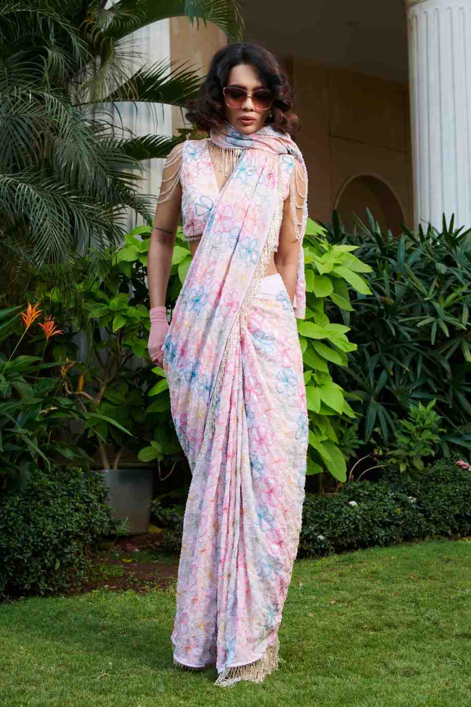 Pink Flower Saree Set