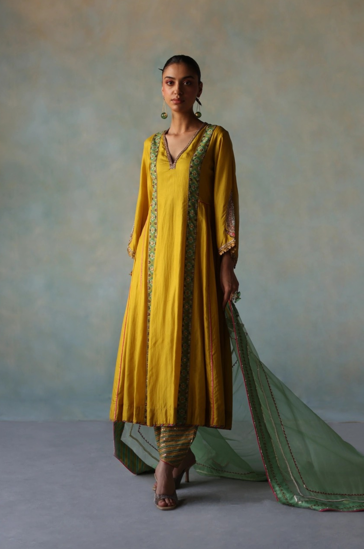 Gul Lime Yellow Side Kali Crepe Kurta Set