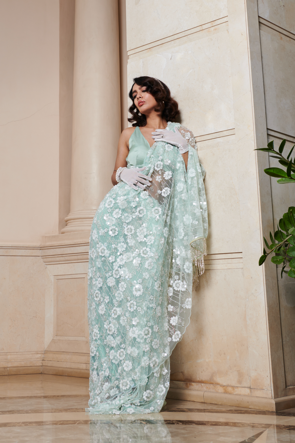 Mint Embroidered Saree Set